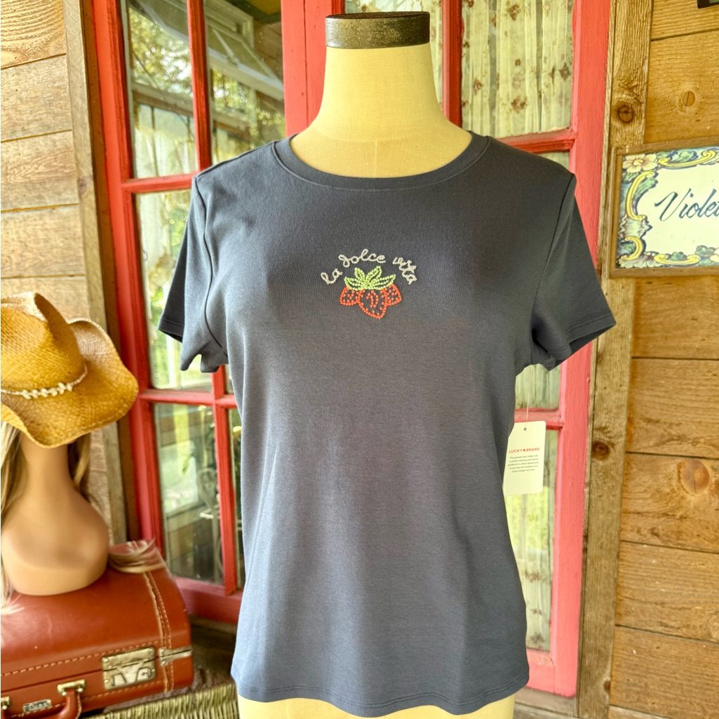 Lucky Brand Lil Strawberry Embroidered Baby Tee